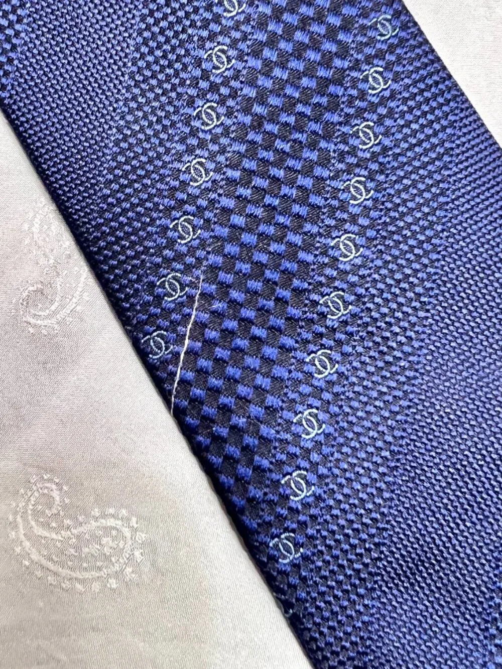 Classic Chanel Paris 100% Silk Necktie Blue Striped Logo Printed Italy Made(2) - Picture 8 of 15